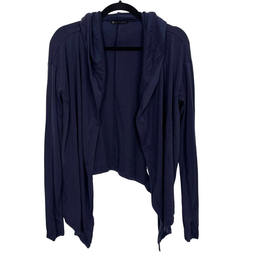 Athleta Nirvana Wrap Top Navy Blue Small S Draped Front Hood Studio Open Front